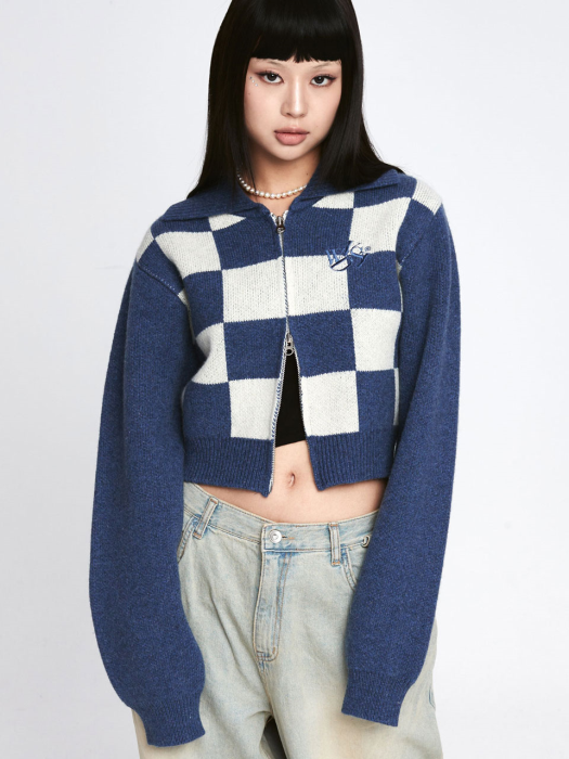 Wool Checkerboard Knit Zip-up [Blue]