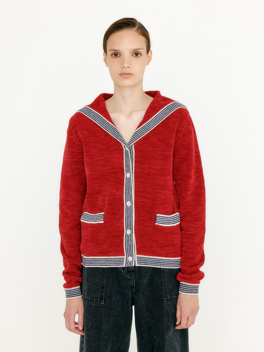 VIHANNA Sailor Collar Knit Cardigan - Red