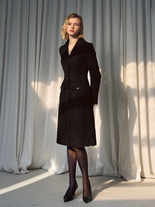 Wool Tweed Tailored Long Dress_  Black Check