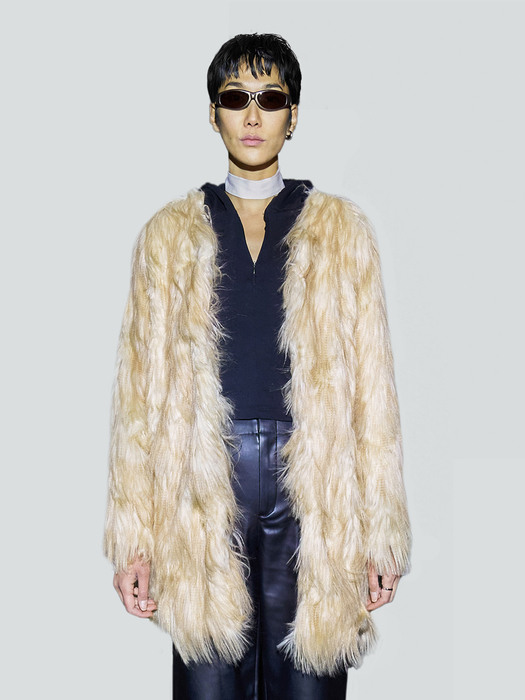 SHAGGY FAUX FUR COAT&SCARF (BLACK)