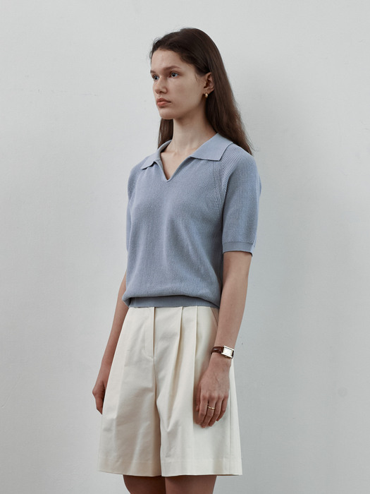 Cotton linen half sleeves collar knit [L/BLUE]