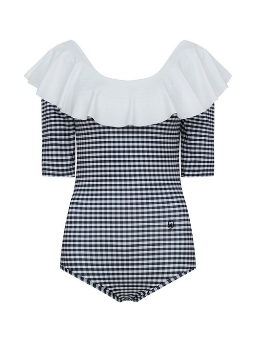 Ruffle Gingham Check SwimSuit-Black