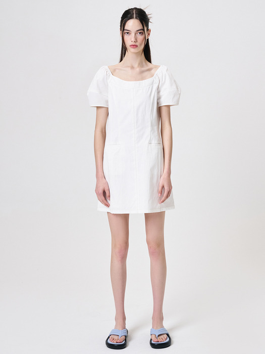 Stitch Puff Mini Dress, White