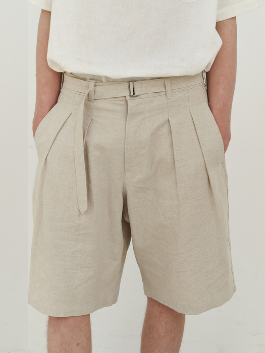 Belted wide linen shorts (beige)