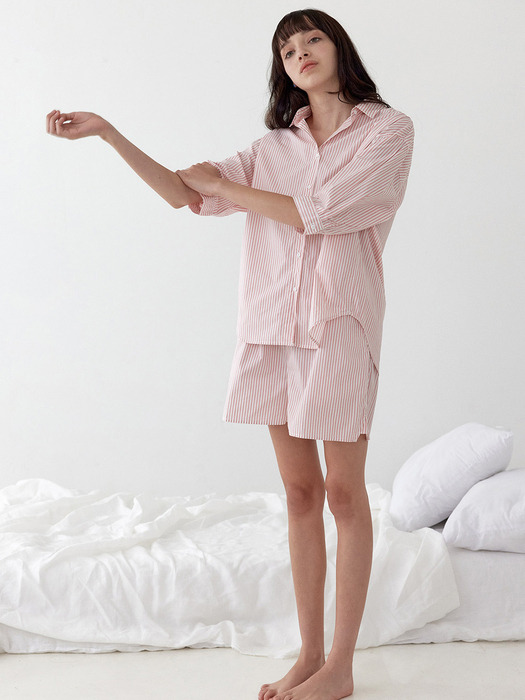 코즈넉 코지 스트라이프 여성 잠옷 세트 핑크
