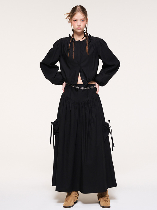Shirring Pocket Long Skirt, Black