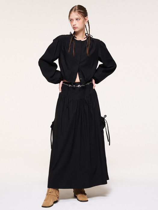 Shirring Pocket Long Skirt, Black