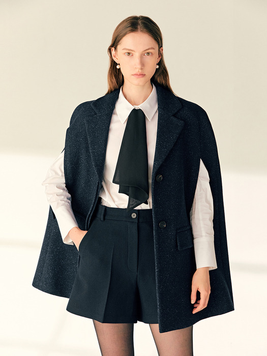 ROBIA Notched collar wool half cape coat (Navy)
