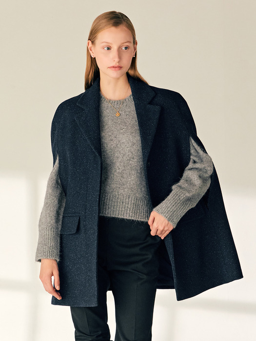 ROBIA Notched collar wool half cape coat (Navy)