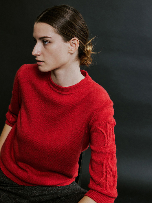 Embroidered-Sleeve Knit Top Red