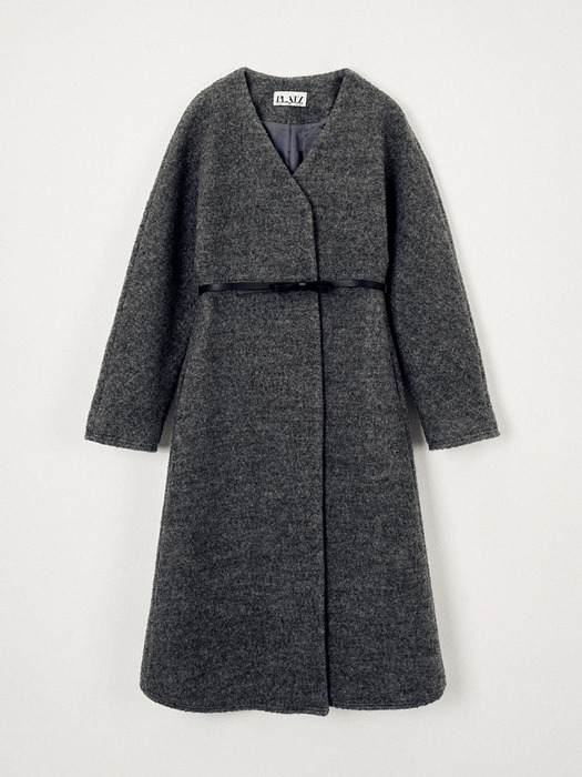 Belt V-Neck Wool Long Coat (Gray)