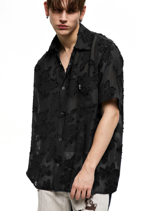 FLORAL JACQUARD HALF SHIRT - BLACK