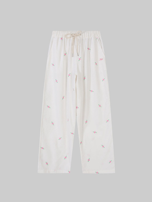 Rose Embroided Corduroy Banding Pants (ivory)