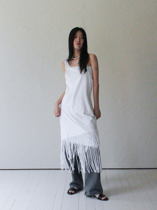 Layered Fringe Jersey Dress (WHITE)