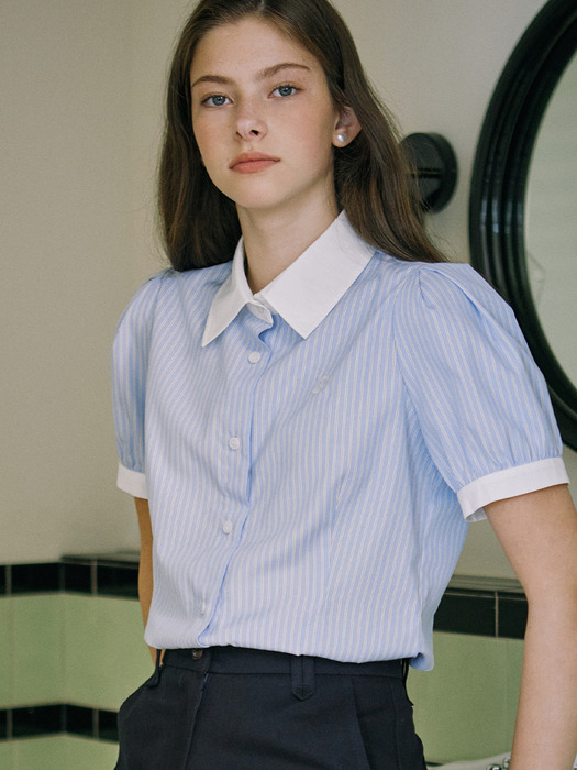 Puff Half Sleeve Stripe Shirt - Blue