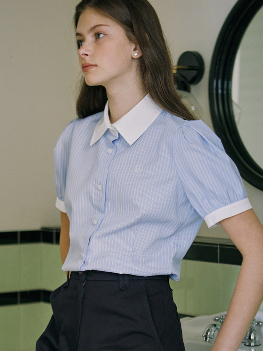 Puff Half Sleeve Stripe Shirt - Blue