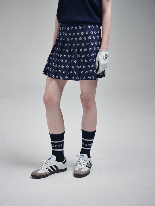 PLEATS MINI SKIRT ALL OVER CLOVERMARDI PRINTED_NAVY IVORY