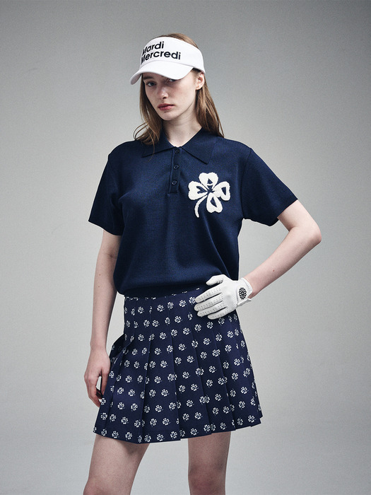 PLEATS MINI SKIRT ALL OVER CLOVERMARDI PRINTED_NAVY IVORY