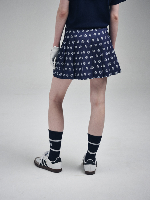 PLEATS MINI SKIRT ALL OVER CLOVERMARDI PRINTED_NAVY IVORY