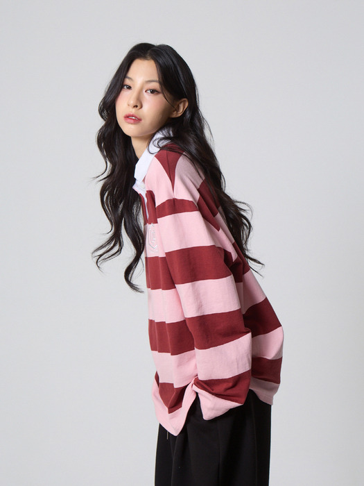 스트라이프 럭비 카라 셔츠 핑크_Stripe Rugby Collar Shirt Pink