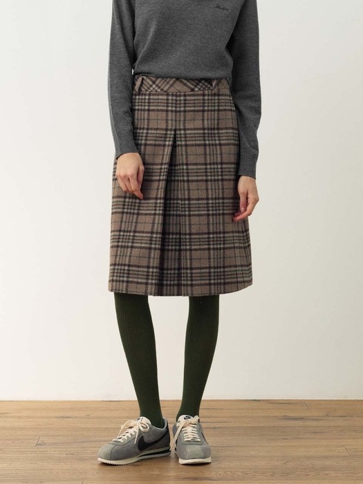 FENCHURCH A-line wool midi skirt (Green check)