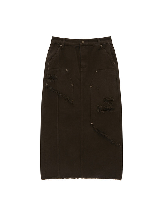 UNBALANCE DAMAGE DENIM SKIRT IN KHAKI