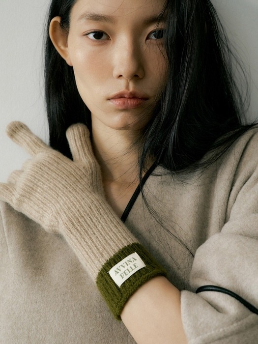 [단독]Cashmere Blend Ribbed Knit Gloves - Oatmeal/Olive