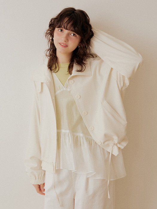 Lace back label ribbon string blouson - cream
