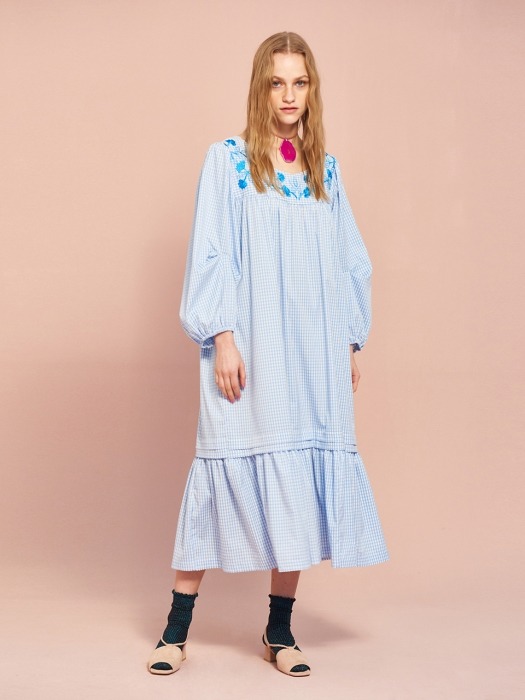 Gingham Embroidery Dress in Sky Blue