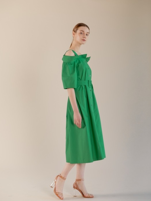 Off-shoulder Buttoned Dress - GREEN (TESOP70)