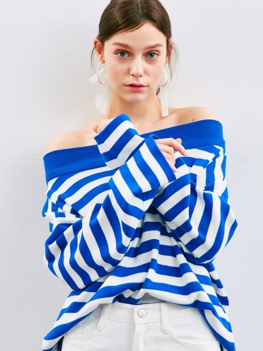 iuw331 Striped offshoulder knit (blue)