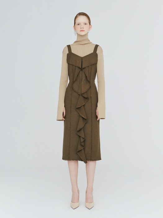 19FW  FRINGED-FRILL RAW-EDGED DRESS - KHAKI MELANGE