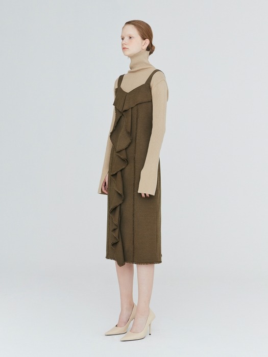 19FW  FRINGED-FRILL RAW-EDGED DRESS - KHAKI MELANGE