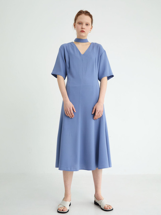 20 SPRING_Fog Blue V-Neck Flare Dress 