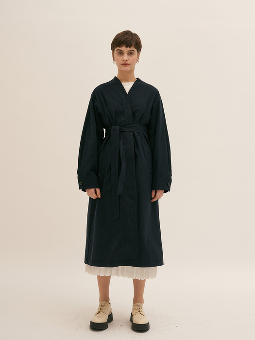 Collarless Trench Coat - Navy