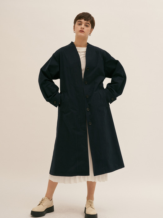 Collarless Trench Coat - Navy