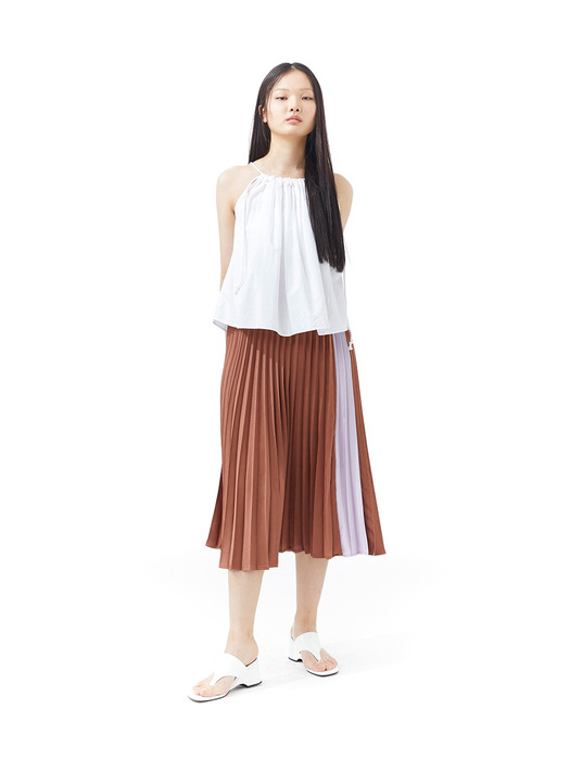 Color Block Pleats Skirt Brown