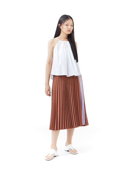 Color Block Pleats Skirt Brown