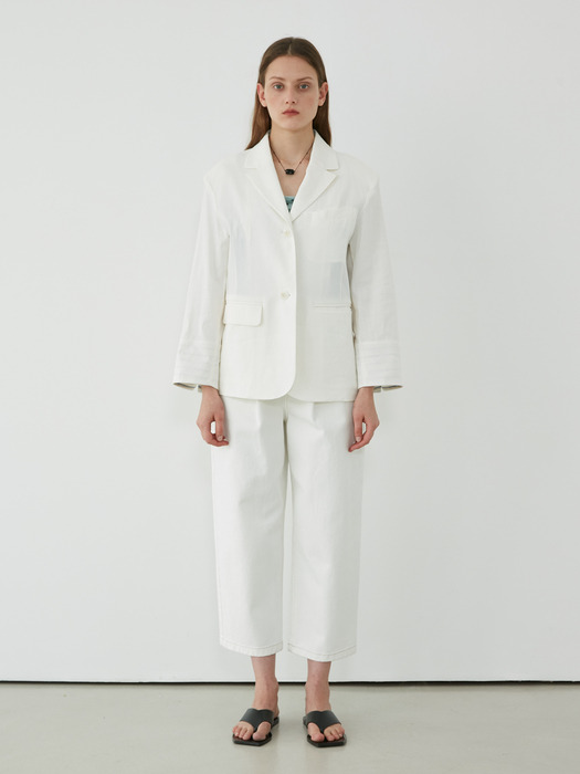 STRIPE POINTED LINEN JACKET - WHITE