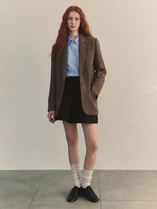 PARIS Wool blazer (Herringbone&Brown leather cuffs)