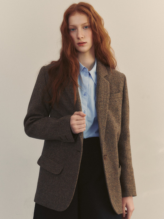 PARIS Wool blazer (Herringbone&Brown leather cuffs)