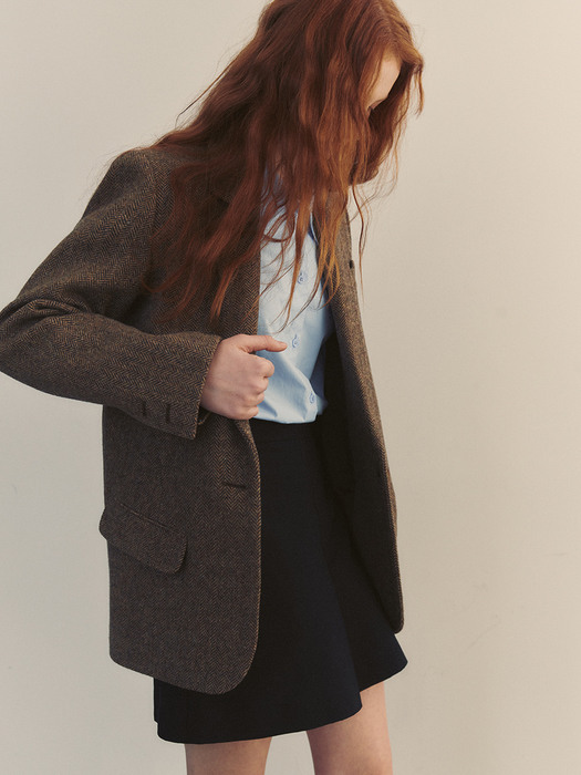 PARIS Wool blazer (Herringbone&Brown leather cuffs)