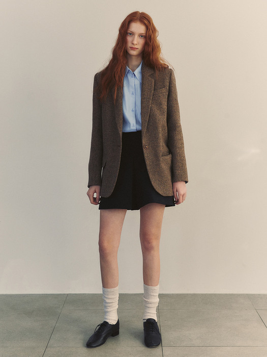 PARIS Wool blazer (Herringbone&Brown leather cuffs)