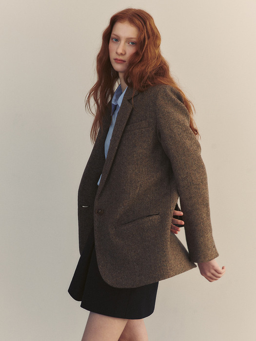 PARIS Wool blazer (Herringbone&Brown leather cuffs)