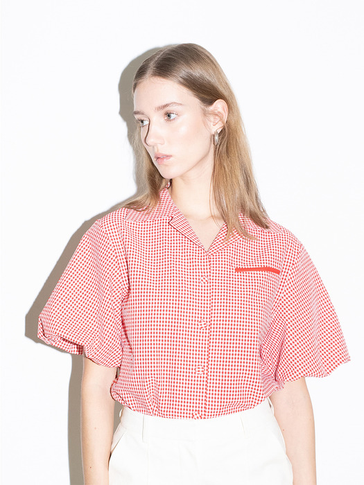[20SS] ORANGE COUNTY notched collar balloon short sleeve blouse  (Red gingham check)