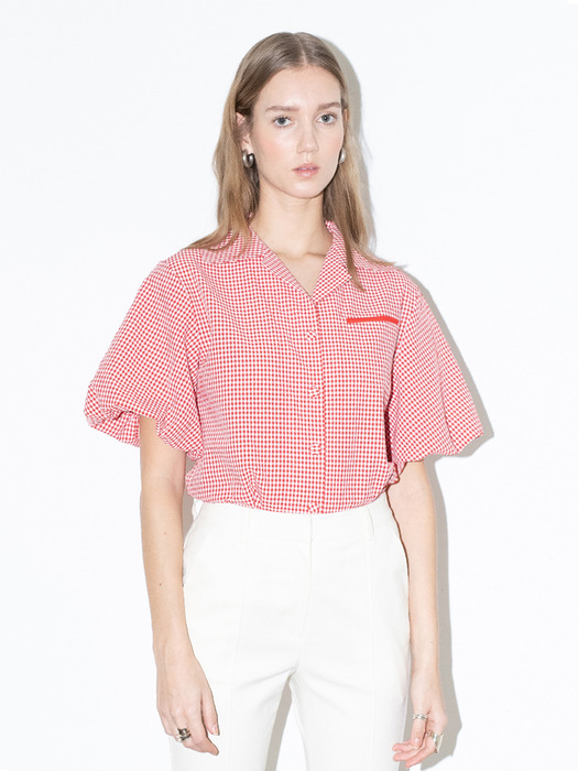 [20SS] ORANGE COUNTY notched collar balloon short sleeve blouse  (Red gingham check)