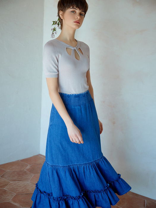 smocked denim tiered skirt