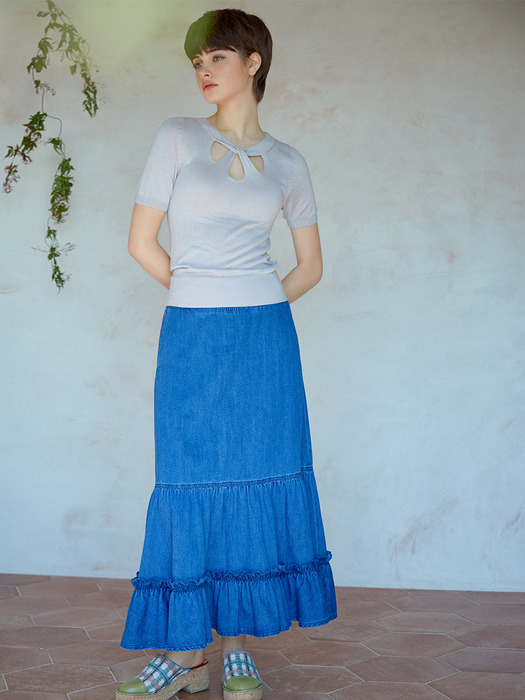 smocked denim tiered skirt