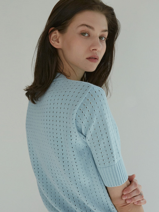[Woman] Textured Short Sleeve Sweater (Sky)