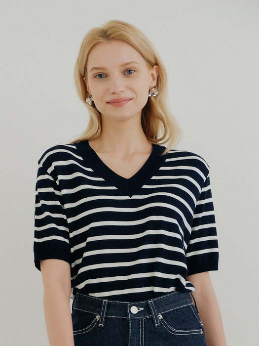 V STRIPE KNIT_NAVY